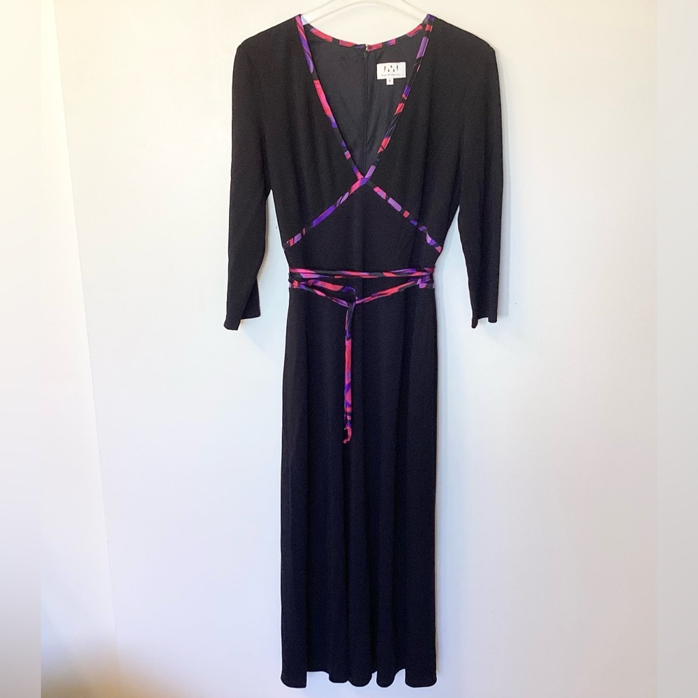 David Meister 3/4 Sleeve V-Neck Jersey Midi Dress with Silk Piping - Black - 12